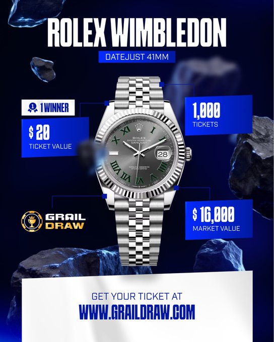 A promotional poster for Grail Draw features a Rolex Datejust 41mm Wimbledon watch with an olive green dial and Jubilee bracelet, highlighting prizes including 1,000 tickets worth $20 each, one winner, and a $16,888 market value, directing viewers to graildraw.com to participate in the giveaway announced via the post.