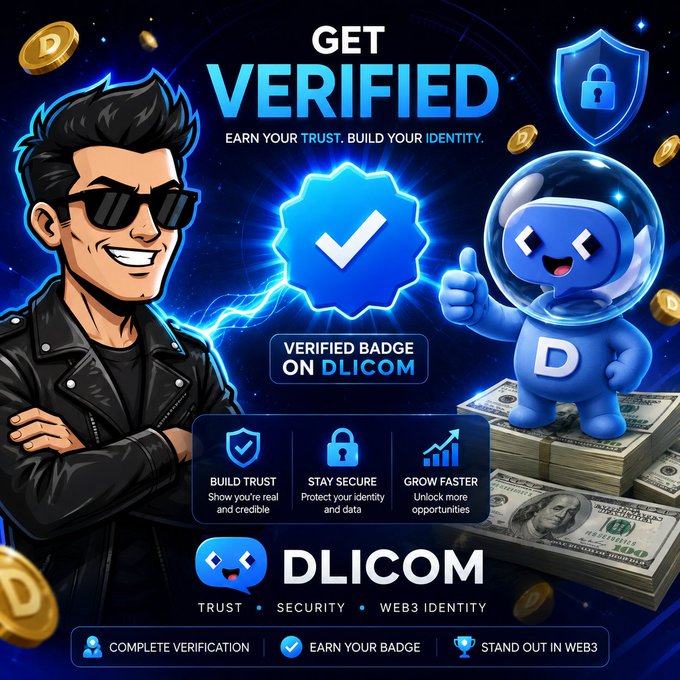 Promotional graphic for 'DLICOM' featuring a cartoon man with sunglasses and a blue mascot character, advertising a 'VERIFIED BADGE ON DLICOM' with the tagline 'EARN YOUR TRUST. BUILD YOUR IDENTITY.' and features like 'BUILD TRUST', 'STAY SECURE', and 'GROW FASTER'.