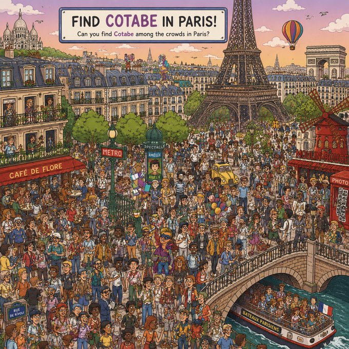 The image features a large crowd of people gathered around a bridge, with many individuals carrying books or other items. The scene appears to be set in Paris, as suggested by the presence of the Eiffel Tower and the city's iconic architecture. The caption provided hints that Cotabe is located within the city of Paris, possibly near the famous landmark.