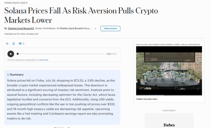 Forbes article titled 'Solana Prices Fall As Risk Aversion Pulls Crypto Markets Lower' by Charles Lloyd Bovaird II, published July 24, 2026, with a summary describing Solana's 3.8% decline to $73.53.