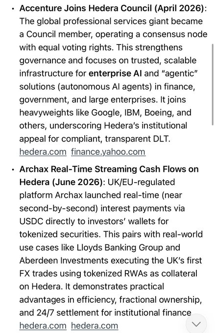 A text excerpt about Hedera news, mentioning Accenture joining the Hedera Council in April 2026 and Archax Real-Time Streaming Cash Flows on Hedera in June 2026.
