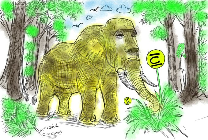 Colored pencil and marker artwork of a yellow/gold elephant with tusks standing in a jungle setting next to a stylized symbol, signed 'Art: Jalal Concrete' in the lower left corner.