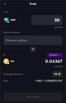 A screenshot of a cryptocurrency 'Swap' interface showing an exchange from 50 USDT to ZEC, displaying 'Ethereum address...' and a rate of '1 USDT = 0.0068733 ZEC'.