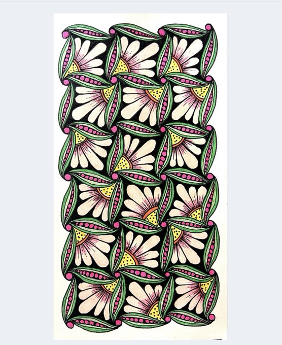 A decorative artistic pattern featuring stylized pink and white flowers with green leaves and dotted details arranged in a repeating vertical design.