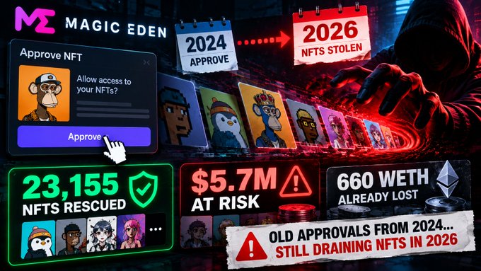 A graphic about Magic Eden NFT security warning about old approvals from 2024 draining NFTs in 2026, showing $5.7M at risk and 660 WETH already lost.
