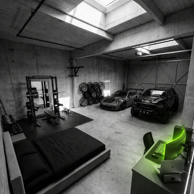 A stark, industrial-style garage features a luxury setup with a Porsche sports car, a Toyota TRD SUV, a power rack with weight plates, and a green-glowing computer workstation. The quote "The chart bounced and so did my standards" reflects the image's theme of upgrading both investments and lifestyle, showcasing a high-end man-cave that mirrors financial gains with tangible luxury.