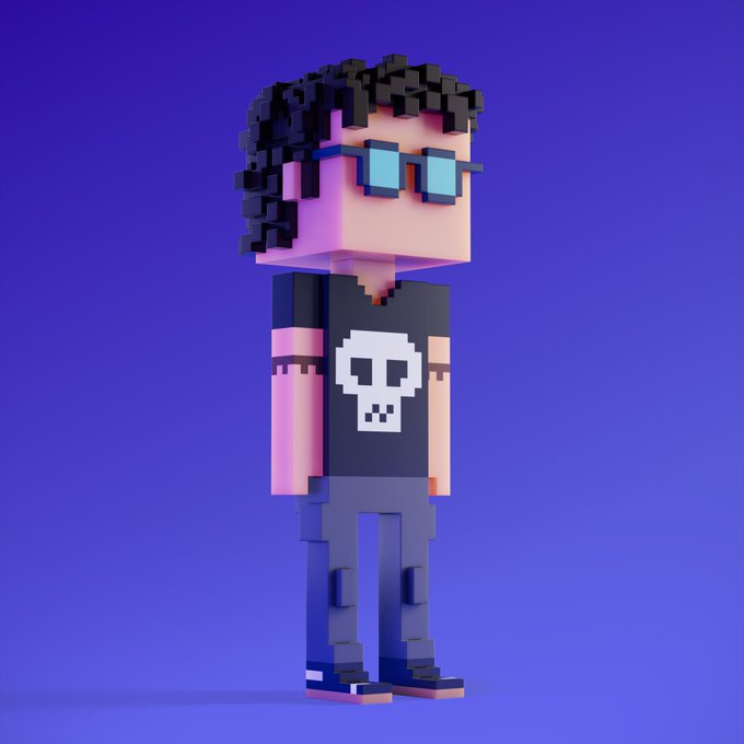 A 3D voxel-style character with curly black hair and blue glasses, wearing a black t-shirt with a white skull design, standing against a blue background.