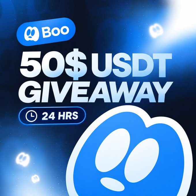 A promotional graphic for "Boo" featuring a large blue ghost mascot with white eyes, advertising a "50$ USDT GIVEAWAY" with a "24 HRS" deadline, set against a dark blue cosmic background with smaller ghost icons. The design visually reinforces the accompanying post's call-to-action for liking, retweeting, following @playbootlg, and commenting "Done" to win.