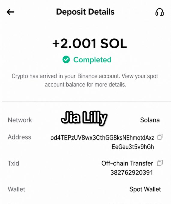 The image shows a completed Binance deposit of +2.001 SOL to a Spot Wallet via the Solana network, confirming the receipt of the giveaway. This serves as proof to the poster's claim of blessing a follower with 2 $SOL, matching the "Rt. Drop your #SOL addy" giveaway request.