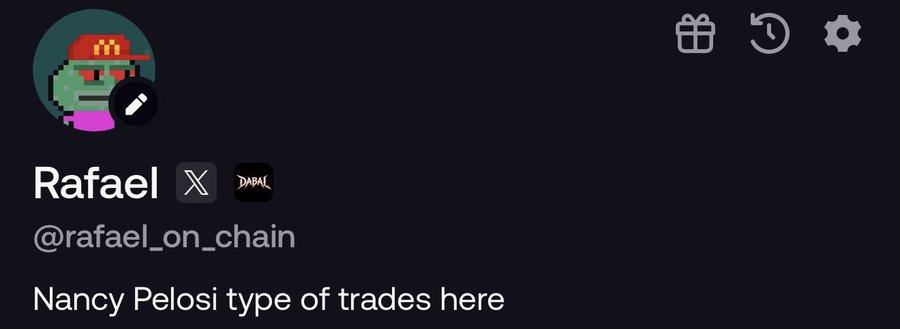 A profile photo of "Rafael" (@rafael_on_chain) featuring a pixelated green character wearing a red cap, with the caption "Nancy Pelosi type of trades here" — a meme reference to insider trading, fitting the post's boast about turning small investments into massive gains through aggressive trading.