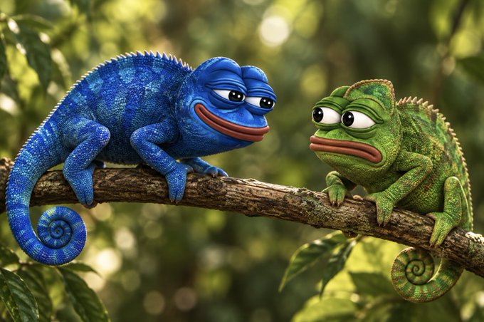 Two cartoon-style chameleons, one blue and one green, sit on a tree branch in a forest, facing each other with grumpy expressions.