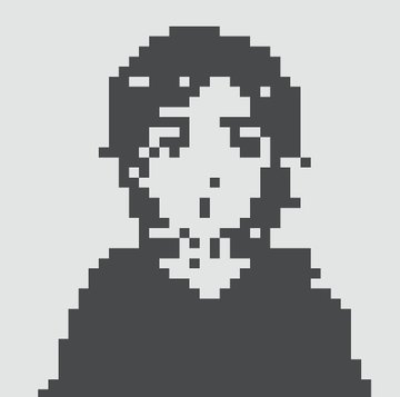 A minimalist pixel art portrait of a person with dark hair and an open mouth rendered in grayscale.