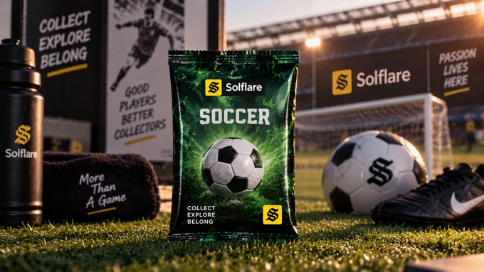 A product mockup for 'Solflare' featuring a green 'SOCCER' trading card pack in the center, surrounded by a water bottle, soccer ball, cleats, and banners reading 'COLLECT EXPLORE BELONG' and 'GOOD PLAYERS BETTER COLLECTORS' on a soccer field background.