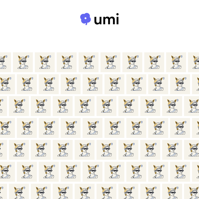 A webpage header for 'umi' above a repeating grid pattern of a character avatar with number badges.