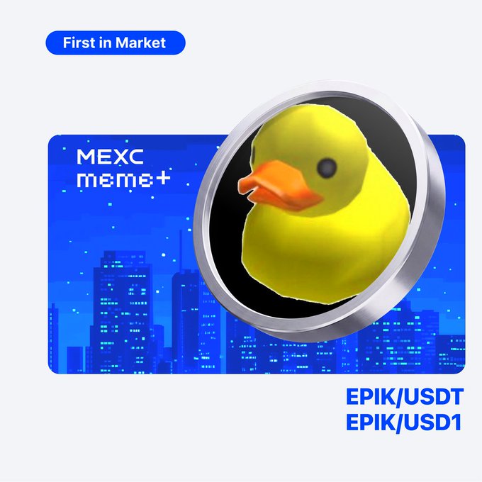 A promotional graphic for MEXC Meme+ announces the "First in Market" listing of EPIK token, featuring a rubber duck mascot inside a silver coin emblem over a stylized blue cityscape, with trading pairs EPIK/USDT and EPIK/USD1 displayed in the corner.