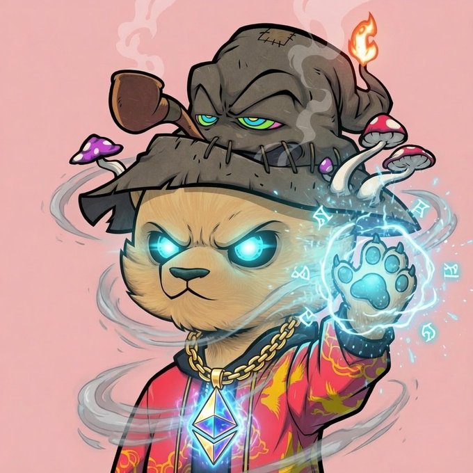 A digital illustration shows a fierce cat-like character with glowing blue eyes wearing a red patterned hoodie, a large Ethereum pendant, and a stitched leather hat adorned with mushrooms, conjuring a glowing magical paw.