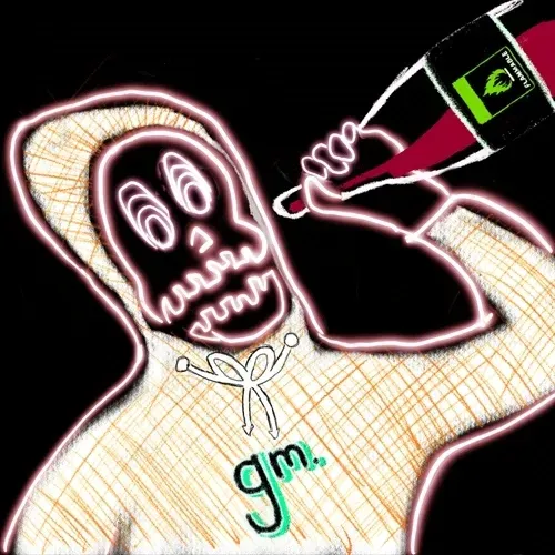 A neon-outlined cartoon figure with a skeletal face holding a dark bottle with a green label, wearing a shirt with 'gm' in green text on a black background.