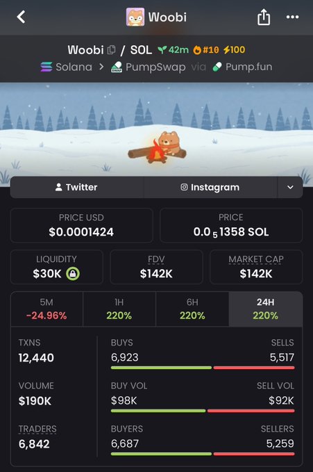 A token tracker screen for 'Woobi' on the Solana blockchain via PumpSwap/Pump.fun, showing a price of $0.0001424 (0.0001358 SOL), market cap of $142K, with 220% gains across 1H, 6H, and 24H timeframes, and 12,440 transactions.