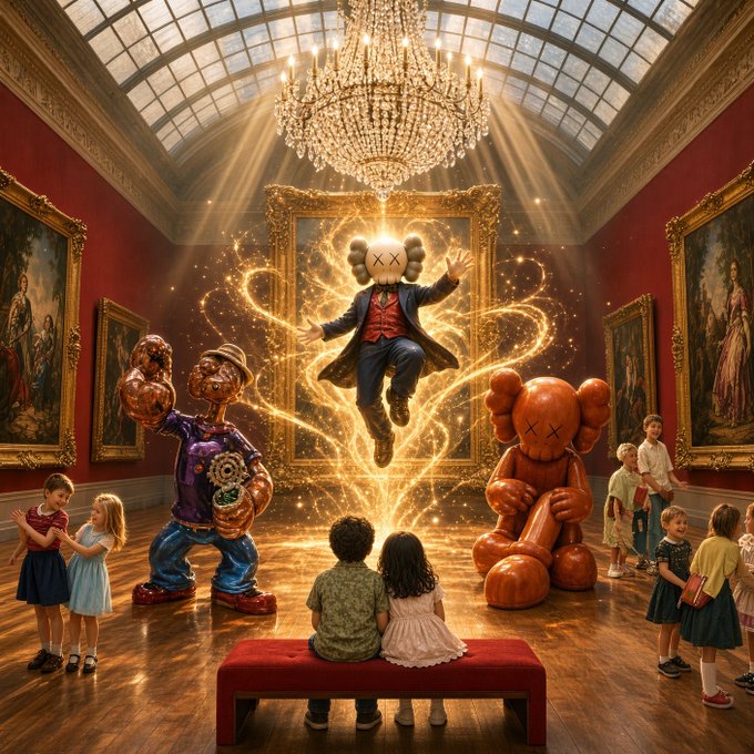 A fantastical art gallery scene with children watching KAWS-style figures, including a central figure with an 'X' head floating with magical golden energy in a grand chandelier-lit room.
