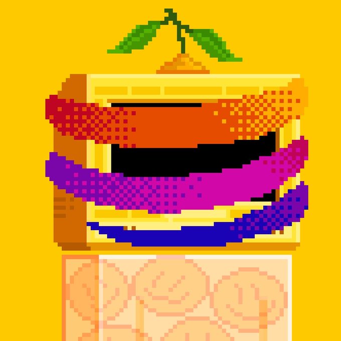 A pixel art illustration of a tropical drink with a green sprig garnish, fitting for the cheerful crypto "gm" (good morning) greeting. The vibrant orange juice, purple, and blue gradient layers evoke a refreshing sunrise beverage to match the upbeat morning message.
