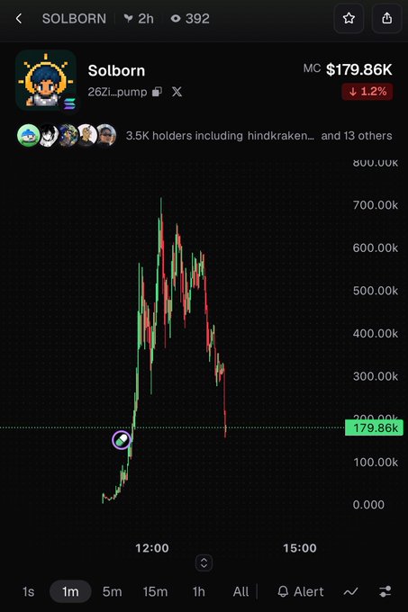 A cryptocurrency trading chart for the token 'Solborn' (SOLBORN) showing a market cap of $179.86K with a 1.2% decline, featuring a sharp pump-and-dump price pattern on a 1-minute timeframe.