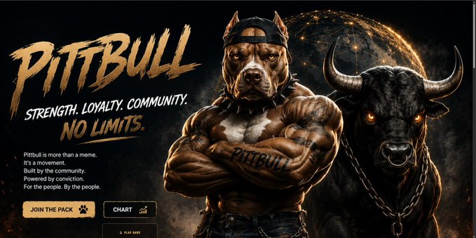 A promotional graphic for 'PITTBULL' featuring a muscular anthropomorphic pitbull wearing a spiked collar next to a bull, with the tagline 'STRENGTH. LOYALTY. COMMUNITY. NO LIMITS.'