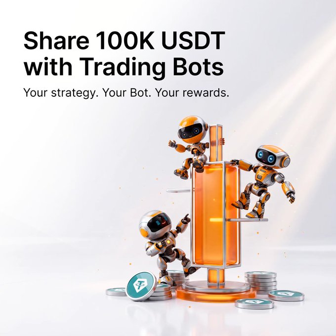 A promotional graphic titled 'Share 100K USDT with Trading Bots' featuring the tagline 'Your strategy. Your Bot. Your rewards.' and depicting three orange robotic figures interacting with a glowing orange column and USDT coins.