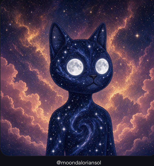 Digital artwork by @moondaloriansol depicts a cosmic cat with starry fur and moon-shaped eyes sitting against a backdrop of orange clouds and a starry night sky.