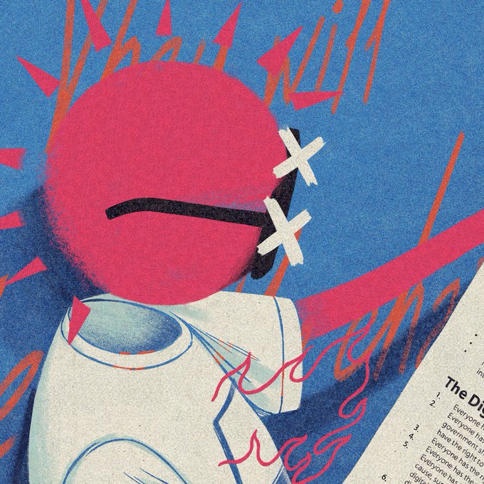 A grainy, textured illustration of a figure with a large pink head wearing X-shaped sunglasses, set against a blue background with red scribbles.