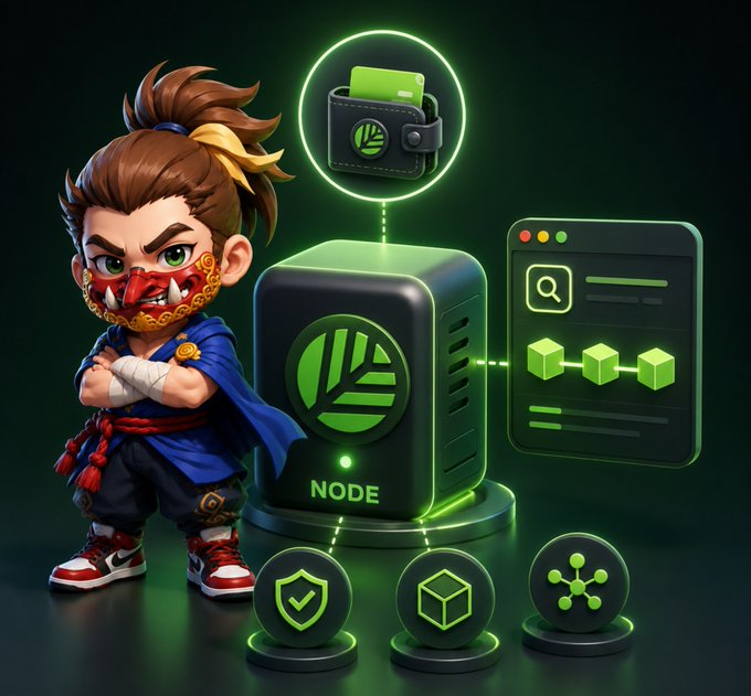 A 3D rendered illustration of a street fighter character in a blue outfit and oni mask standing next to a glowing green 'NODE' computer server with connected icons.