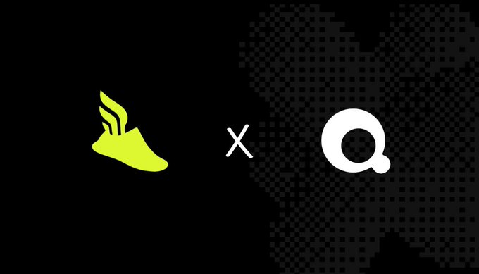 The image features a black background with white text. The main focus of the image is a yellow shoe logo positioned above the word "Q". Below this, there are two other logos - one for "x" and another for "@quaymarkets". These logos are also in white against the black background. The text on the image reads: "We're excited to announce that we've partnered with @quaymarkets Together, we're building the best USDC trading experience in the market."