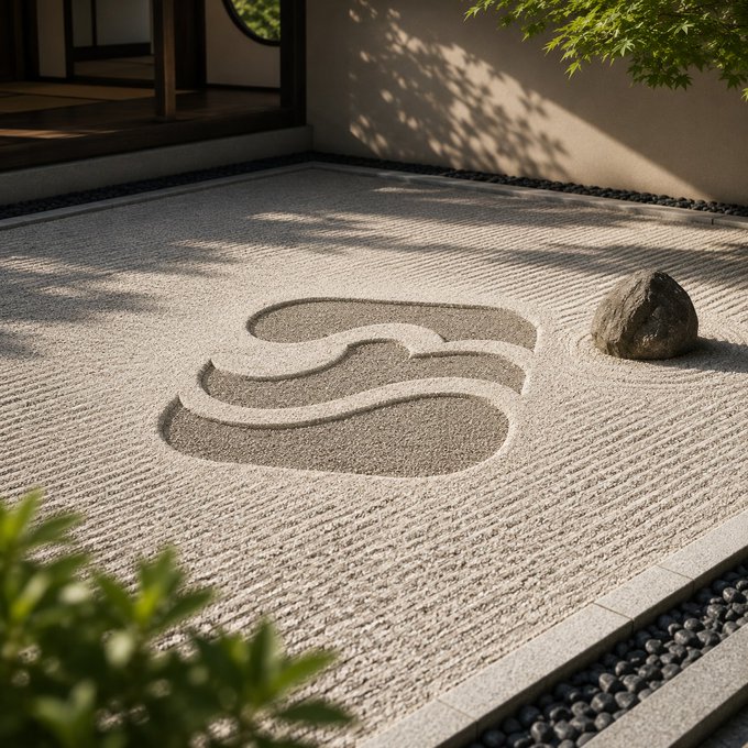 A serene Japanese Zen garden featuring white raked sand with a sculpted wave pattern, a dark stone, and green foliage bordering the space beside a minimalist building.