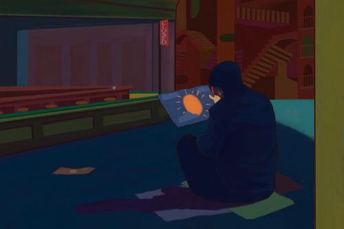 A hooded figure sits in a dimly lit library, drawing a bright orange sun on paper, surrounded by scattered sketches. The emotional, introspective scene reflects the artist's nostalgic reflection on older, personally meaningful artworks that, despite imperfections, still evoke strong feelings.