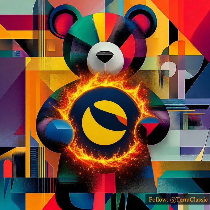 Vibrant cubist-style digital artwork featuring a bear figure with a glowing yellow emblem encircled by flames, with text reading 'Follow: @TerraClassic'.