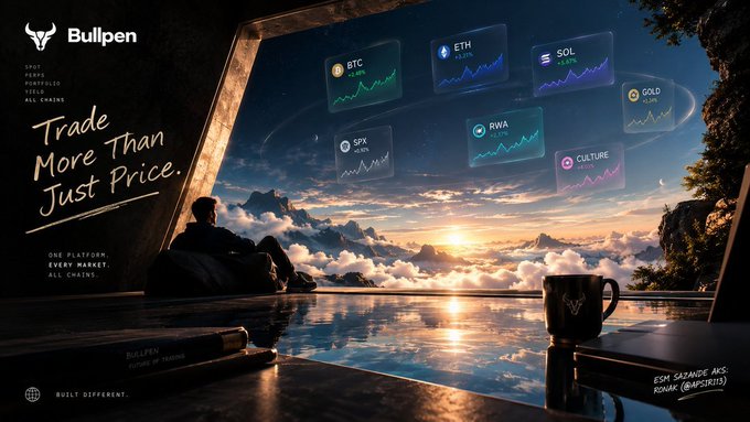 Bullpen trading platform advertisement 'Trade More Than Just Price' showing a scenic mountain view with cryptocurrency price charts (BTC, ETH, SOL, GOLD, SPX, RWA, CULTURE) overlaid, featuring the tagline 'ONE PLATFORM, EVERY MARKET, ALL CHAINS'.