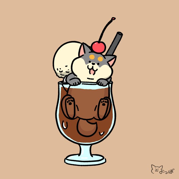 A cute cartoon illustration shows a fluffy gray and white cat with its tongue out, sitting inside a sundae glass filled with chocolate, topped with a cherry and straw. The text 'ぴっぽ' with a small cat face appears in the bottom right corner.