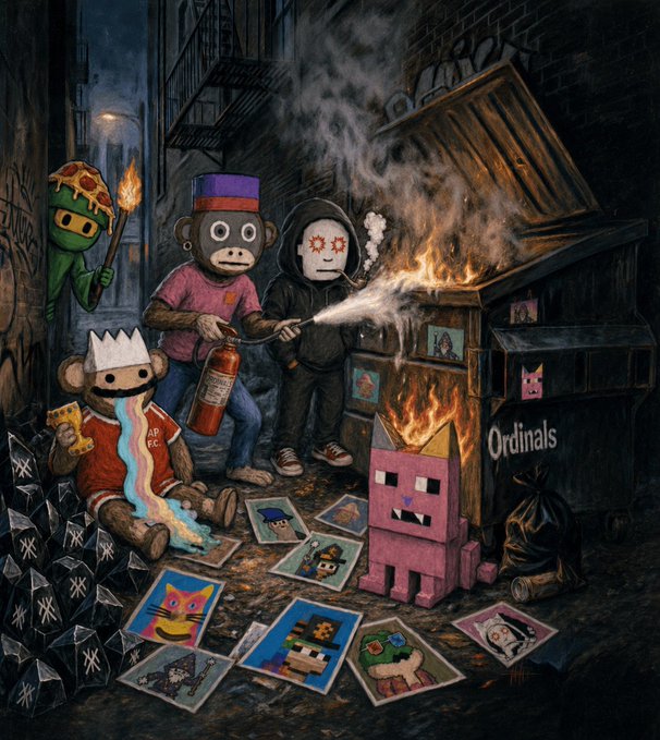 A dark, gritty illustration depicts cartoon characters (including BAYC, Pudgy Penguins, and Bitcoin Ordinals) in an alleyway, with one character burning a dumpster labeled 'Ordinals'.