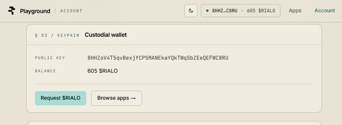 A screenshot of a Playground custodial wallet interface showing a public key starting with 8HHZoV4T5qvBex3fCP5MANEkaYQkTWqSbZEeqEFWC8RU and a balance of 605 $RIALD.