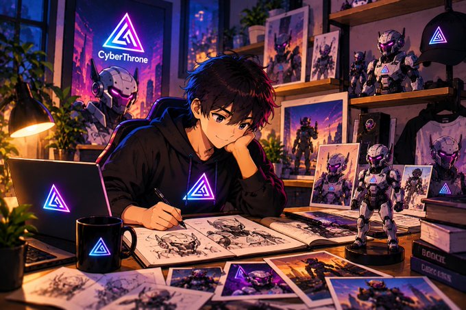 The image shows an anime-style artist sketching in a workspace filled with cybernetic character designs, with "CyberThrone" displayed on a glowing neon sign and laptop. This visually reinforces the post's theme by depicting a creator actively using the @0xCyberThrone project's robotic characters as artistic assets to develop.