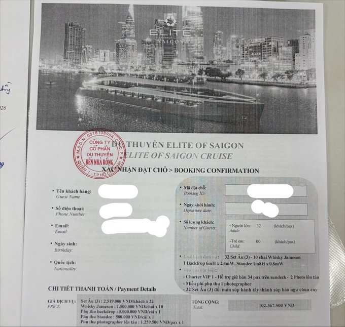 A booking confirmation for the 'Elite of Saigon Cruise' with a red official stamp from Saigon Port, showing details for 32 adult guests with a total of 102,367,500 VND, with personal information blurred.