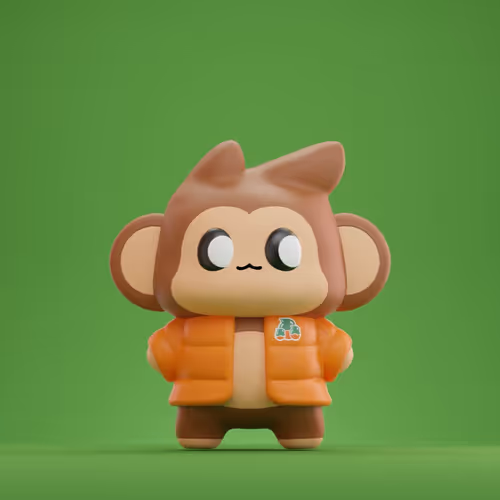 A 3D render of a cute, cartoonish monkey character with big black eyes, wearing an orange puffer jacket with a small logo, standing against a solid green background.