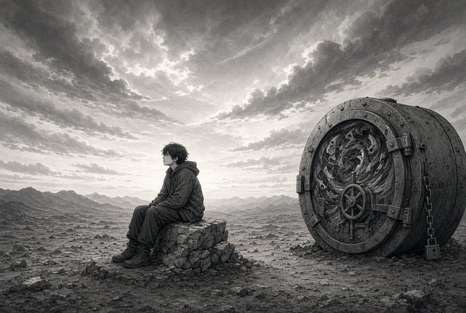A black and white artwork depicting a young person with closed eyes sitting on a stone in a desolate landscape, looking at a massive, ornate spherical structure with a dragon design and chains.