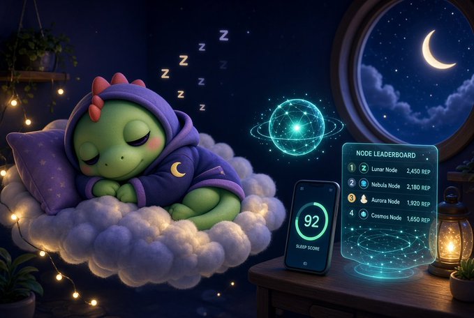 A digital illustration depicts a green dinosaur character sleeping on a cloud pillow wearing a purple hooded outfit, with 'Z's floating above, while a phone displays a sleep score of 92 and a node leaderboard shows Lunar Node (2,450 REP), Nebula Node (3,180 REP), Aurora Node (1,920 REP), and Cosmos Node (1,650 REP).