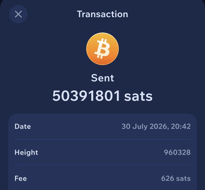 A screenshot of a Bitcoin transaction confirmation showing 50,391,801 sats sent on July 30, 2026, with a fee of 626 sats at block height 960,328, illustrating the poster's success in moving their BTC to cold storage.