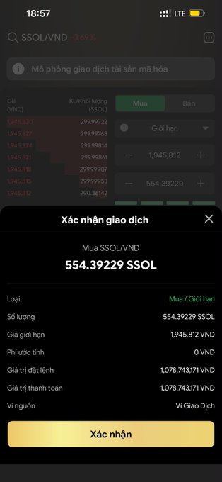 A Vietnamese cryptocurrency trading app showing a transaction confirmation screen to buy 554.39229 $SOL/VND.