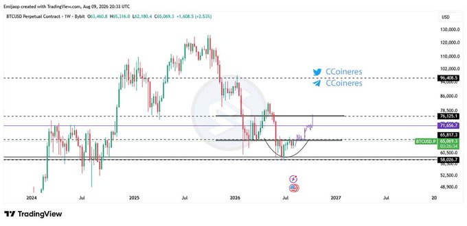 A TradingView chart of the BTCUSD Perpetual Contract on the weekly timeframe, displaying price action from 2024 to 2017 with annotations from 'CCoiners' indicating resistance levels and a potential pattern.
