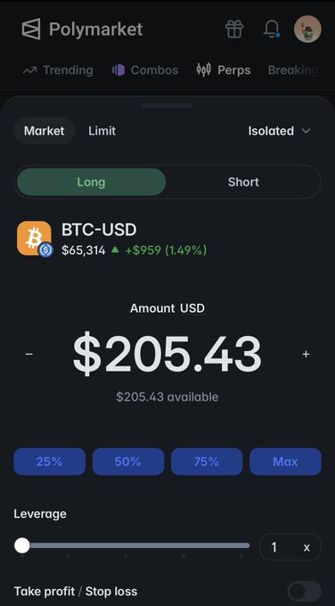 A Polymarket perpetual futures trading interface shows a long position of $205.43 on BTC-USD at $65,314 (+1.49%), with 1x leverage available—matching the post's $200 side challenge on Polymarket perps to build trading volume while taking a break from football.