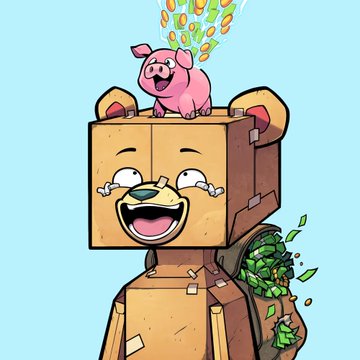 A cartoon illustration of a crying cardboard robot character with a small smiling pink pig on top of its head, against a light blue background.