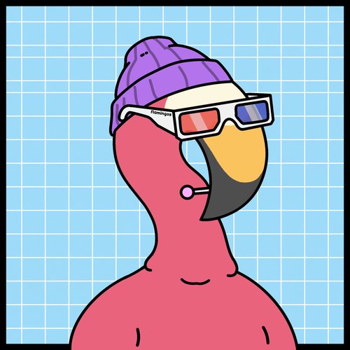 A cartoon illustration of a pink flamingo wearing a purple beanie and red-blue 3D glasses, with 'Femtopia' text visible on the glasses frame, set against a blue grid background.