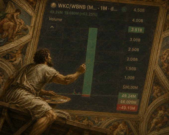 Artistic classical painting-style image showing a bearded artist painting a cryptocurrency chart for WKC/WBNB showing 49.24M volume (+63.25%), with surrounding ornate frescoes reminiscent of Renaissance art.